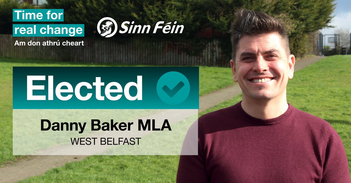 sinnfeinireland's tweet photo. ✅ Danny Baker has been elected as MLA for West Belfast #TimeForRealChange https://t.co/mC2eaLNQaA