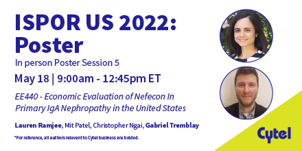 cytel's tweet photo. Join Cytel's Lauren Ramjee and Gabriel Tremblay at #ISPOR US 2022! The objective of their analysis was to evaluate the cost-effectiveness of #Nefecon in addition to standard of #care (SoC), compared to SoC alone, in primary IgAN in the United States (US) based on Part A results. https://t.co/H2qDGJfTEO