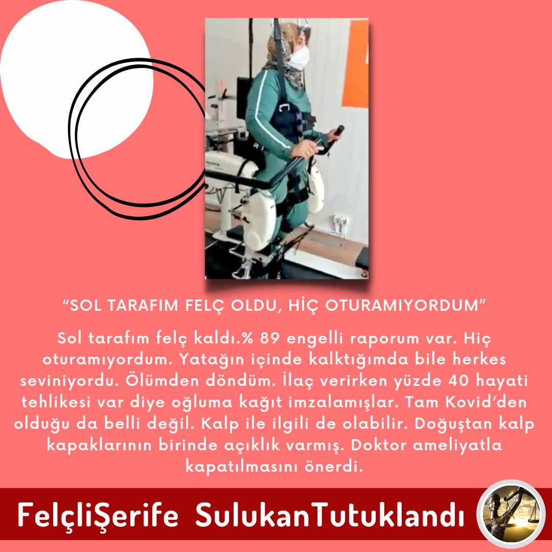 TanerAy75597580's tweet photo. 19 ay önce ise geçirdiği koronavirüs nedeniyle Şerife Sulukan’ın sol tarafı felç oldu. % 89 Engelli raporu verilen Sulukan, bastonsuz ve destek olmadan yürüyemiyor. Banyo dahil kişisel ihtiyaçlarını tek başına karşılayamıyor.

@Adalet_bakanlik
FelçliŞerife SulukanTutuklandı https://t.co/G0GIsUzblo