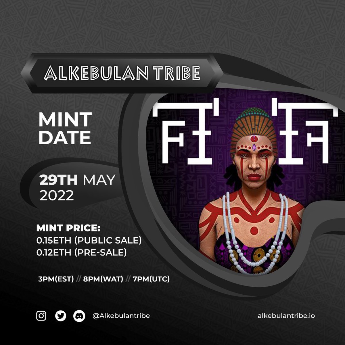 The long awaited reveal of our project is here!

The Alkebulans would be Minting on the 
29/05/2022 

Time: 
3pm (EST)
8pm (WAT)
7pm (GMT)

 Mint price: 0.15eth (public sale), 0.12eth (pre-sale) 

Let the hunt begin!

#alkebulan #nft #nftcommunity