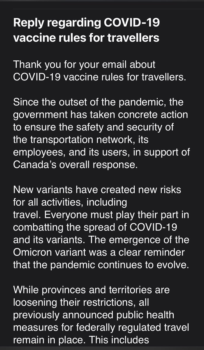 ryangerritsen's tweet photo. So I just received a long boiler plate explanation about the why Federal Travel Mandates are in place, I guess this the only response anyone else will get as well. I would love to share this with other Governments to ask why they don’t have the same policies. Screenshots below. https://t.co/4ISXpbk4ZM