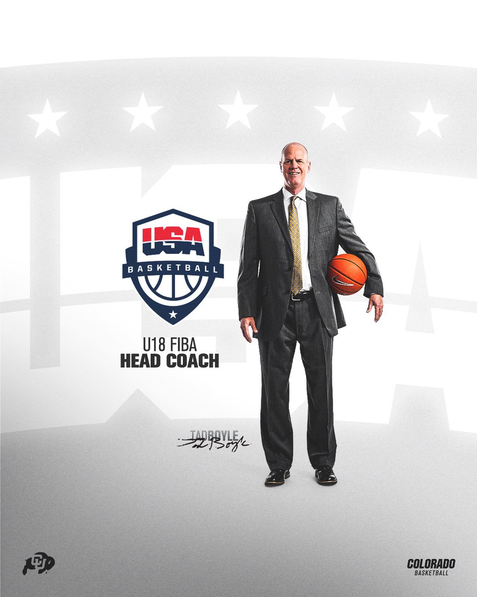 CUBuffsMBB's tweet photo. Team USA set to learn from the best 🇺🇸 

@CoachTadBoyle has been named Head Coach of the @usabasketball FIBA U18 Team  

ℹ️: https://t.co/JW6YK3EHnB

#GoBuffs 🦬 https://t.co/GoXYnGXInn