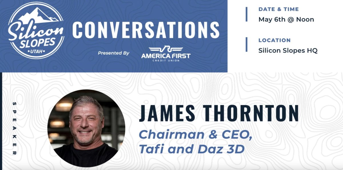 Utah_Blockchain's tweet photo. UBC Board Member @tafiJT is speaking at #SiliconSlopes TODAY at noon! Come enjoy free lunch &amp; learn from a great @siliconslopes #entrepreneur. 

Thornton has served as CEO of Daz 3D for over ten years, and co-founded Tafi in 2019. 
#leadership #technology #blockchain #web3 https://t.co/9nHlmTEgTj