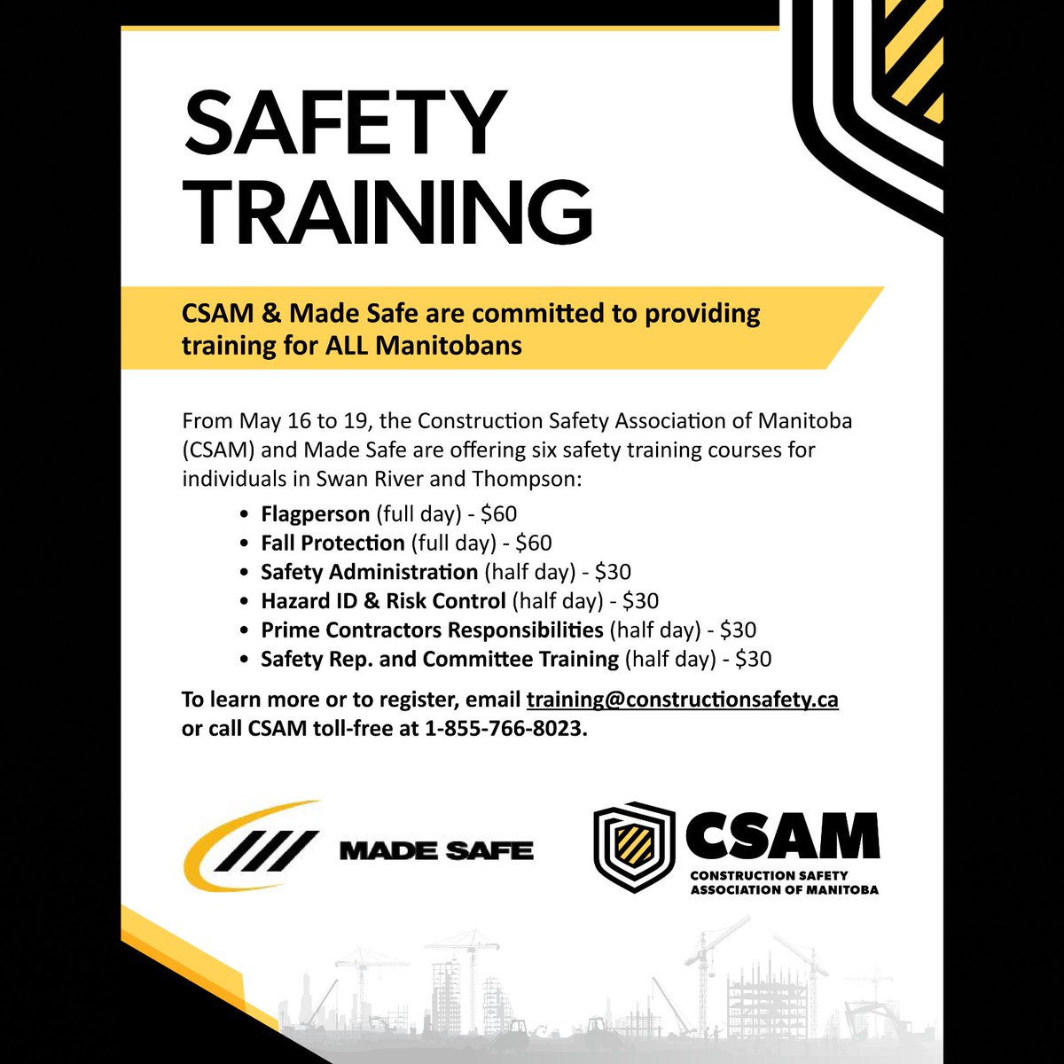 S2SA_MB's tweet photo. Get ready!
@CSAM_Manitoba (CSAM) and @madesafemb will be in northern Manitoba (Swan River & Thompson) to provide critical in-person safety training between May 16 - 19.
#Safety #SafetyTraining #SafeManitoba #S2SA https://t.co/mQ8L3BQOhr