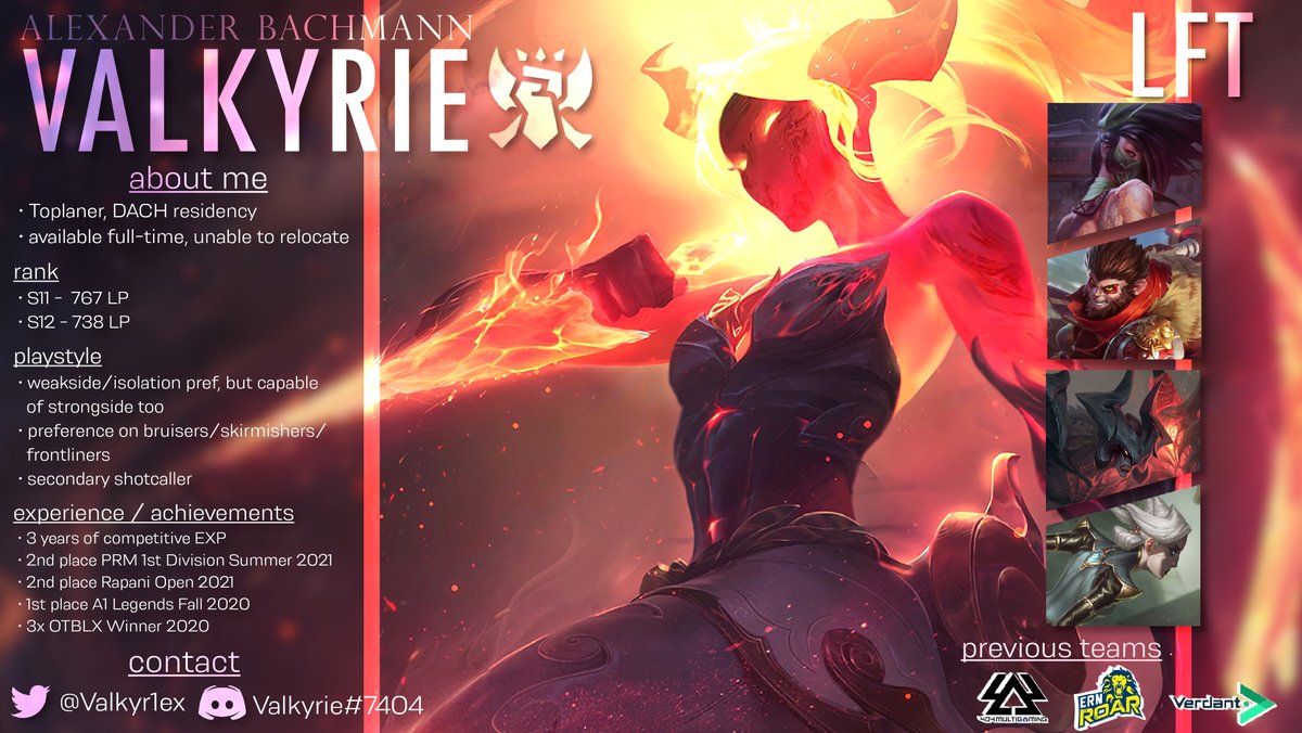 I know its late into the offseason, but I feel more confident in my gameplay again after focusing on individual improvement the last few weeks.

still contracted to @verdant_gg until the end of May

references: @ReclamationEU <a href="/DanHoltCoach/">Dan Holt</a> <a href="/Vamirlol/">Vamir</a> 

DMs open, RTs = 💜