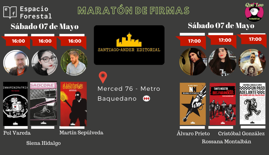 QueLeoForestal's tweet photo. Mañana sábado 5  #MaraonDeFirmas @stgoandereditor 
Desde las 16 hrs @pol_vareda  @SienaHidalgo @Martinservible 
Ven al forestal hay un libro para ti.
#VolvamosANuestroCentro
Los libros están disponibles en tienda y también online en https://t.co/U3xfjx4tL5 https://t.co/hUhocZRyHE