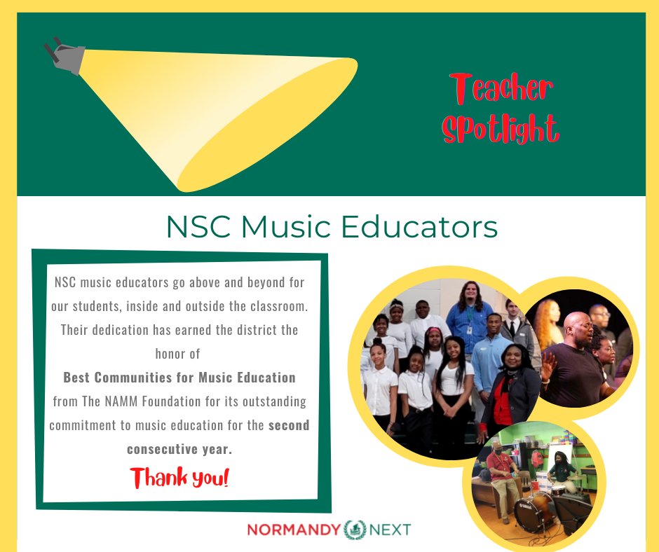 NormandySC1's tweet photo. In honor of #TeacherAppreciationWeek, we're spotlighting Normandy teachers who go above and beyond. Today, we honor our dedicated music educators who helped the district earn the honor of Best Communities for Music Education.
#VikingPride #NormandyStrong #NormandyNext #thankyou https://t.co/WVM1RjLuIe
