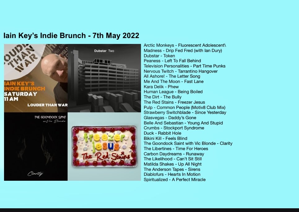 iainkey's tweet photo. 1/2 Tomorrow 11am on my Indie Brunch with @louderthanwar https://t.co/VYmQwuYXSu or Android/iOS  @ArcticMonkeys @MadnessNews @dubstarUK @PeanessBand #televisionpersonalities @NERVOUSTWITTA @all_ashore @Me_AndTheMoon @barisonerr1 @humanleagueHQ @Leon_pig @theredstains @pulp2011 https://t.co/5F3XgebKqt