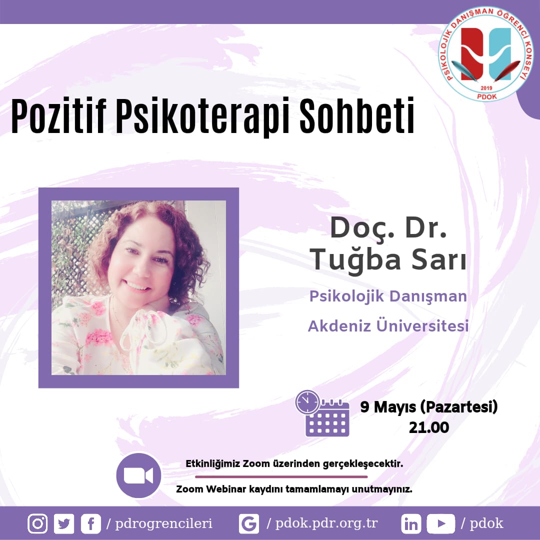 cukurovapdok's tweet photo. Merhaba Sevgili PDOK Ailesi 🌸

Bu ay gerçekleştireceğimiz “Terapi Sohbetleri” etkinliğimize “Pozitif Psikoterapi” ile başlıyoruz. Etkinliğimize Akdeniz Üniversitesi’nden Doç. Dr. Tuğba SARI hocamız eşlik ediyor

9 Mayıs Pazartesi saat 21:00’de Zoom Webinar’da görüşmek üzere💜 https://t.co/1616je4ZlO