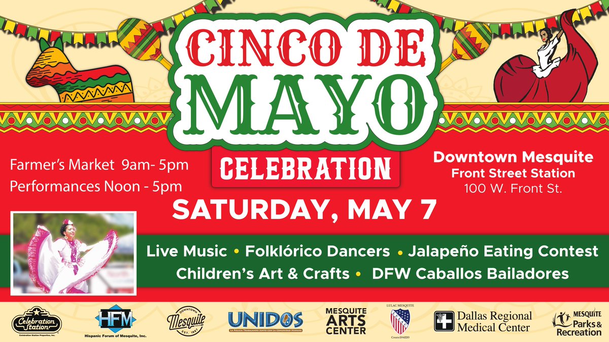 cityofmesquite's tweet photo. Tomorrow is our big Cinco de Mayo Celebration and we can't wait to see all of you there! If you're wondering where to park downtown for the big event, check out the map below.
@DTMesquiteTX Farmers Market begins at 9 am and #CincoDeMayo festivities start at 12.
#realtexasfun https://t.co/Pn6G2boGn9