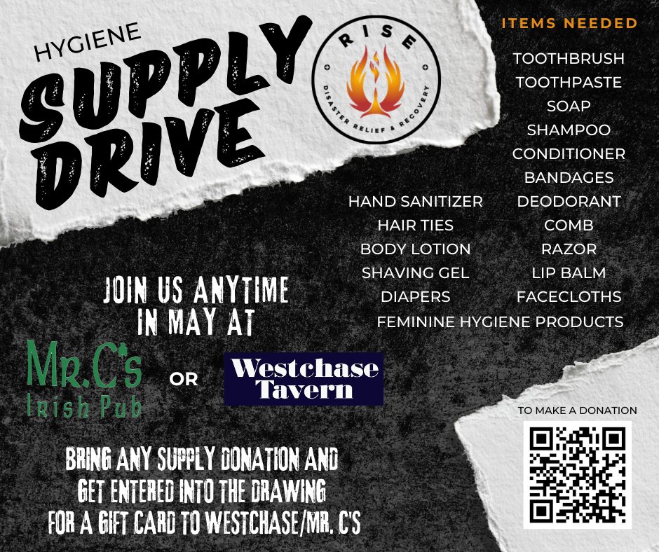 RiseRelief's tweet photo. Ready to wind down after a long week? Want to help others? Live in the Houston area? Come hang with us for a good cause! #RISEteam #riseteam.org #supplydrive #HoustonStrong #MrCs #WestchaseTavern https://t.co/4YA0su7YiW
