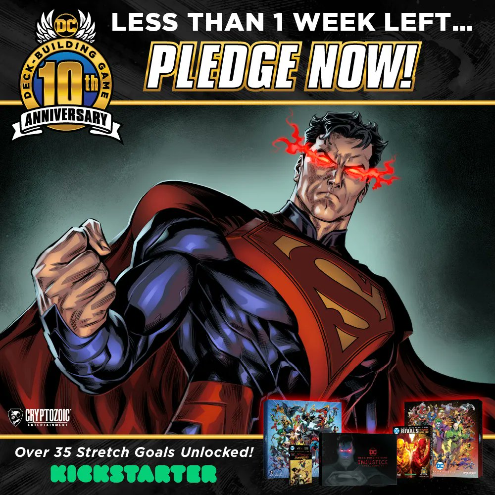 Less than one week left in the DC Deck-Building Game 10th Anniversary Kickstarter! Over 35 stretch goals have been unlocked, with even more coming the last few days. Get Injustice, The Flash vs. Reverse-Flash, Multiverse Boxes, and more!

PLEDGE NOW! bit.ly/DC10Kickstarter