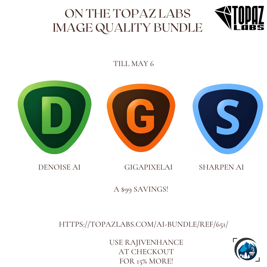 RC2208's tweet image. There is a superb sale on at Topaz Labs. The price of the bundle is at $159.99 till May 6th. ⁠
⁠
Click my link to explore this⁠
⁠
topazlabs.com/ai-bundle/ref/…⁠
⁠
Use my code RAJIVENHANCE to get an additional 15% off on the sale price!⁠
⁠
#topazlabs #sales #photoeditingsoftware