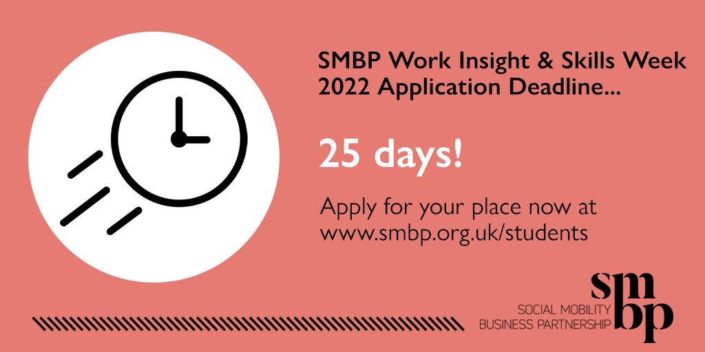 SMBP_UK's tweet photo. Applications for our 2022 Work Insight & Skills Weeks close on the 31st May! Want to spend a week with 4 high profile organisations & a professional sports club? Make sure to submit your application ASAP 👉 https://t.co/aeRF0BVzsi 👈 #smbp2022 #socialmobility #workinsight https://t.co/kGksOiQhnw