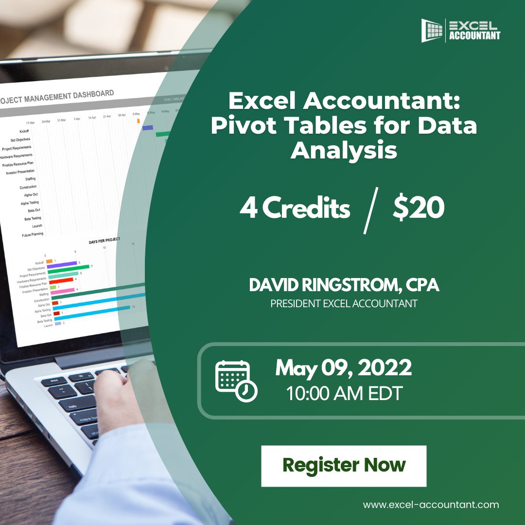excel_account's tweet image. Register for a webinar: &quot;Excel Accountant: Pivot Tables for Data Analysis&quot;
To be presented by: David Ringstrom
When: May 09, 10:00 AM EDT
Credits: Four (4)
here&apos;s the link for registration: bit.ly/2ZKHVyS

#pivottable #dataanalysis #excelfeatures #exceltips #exceltricks