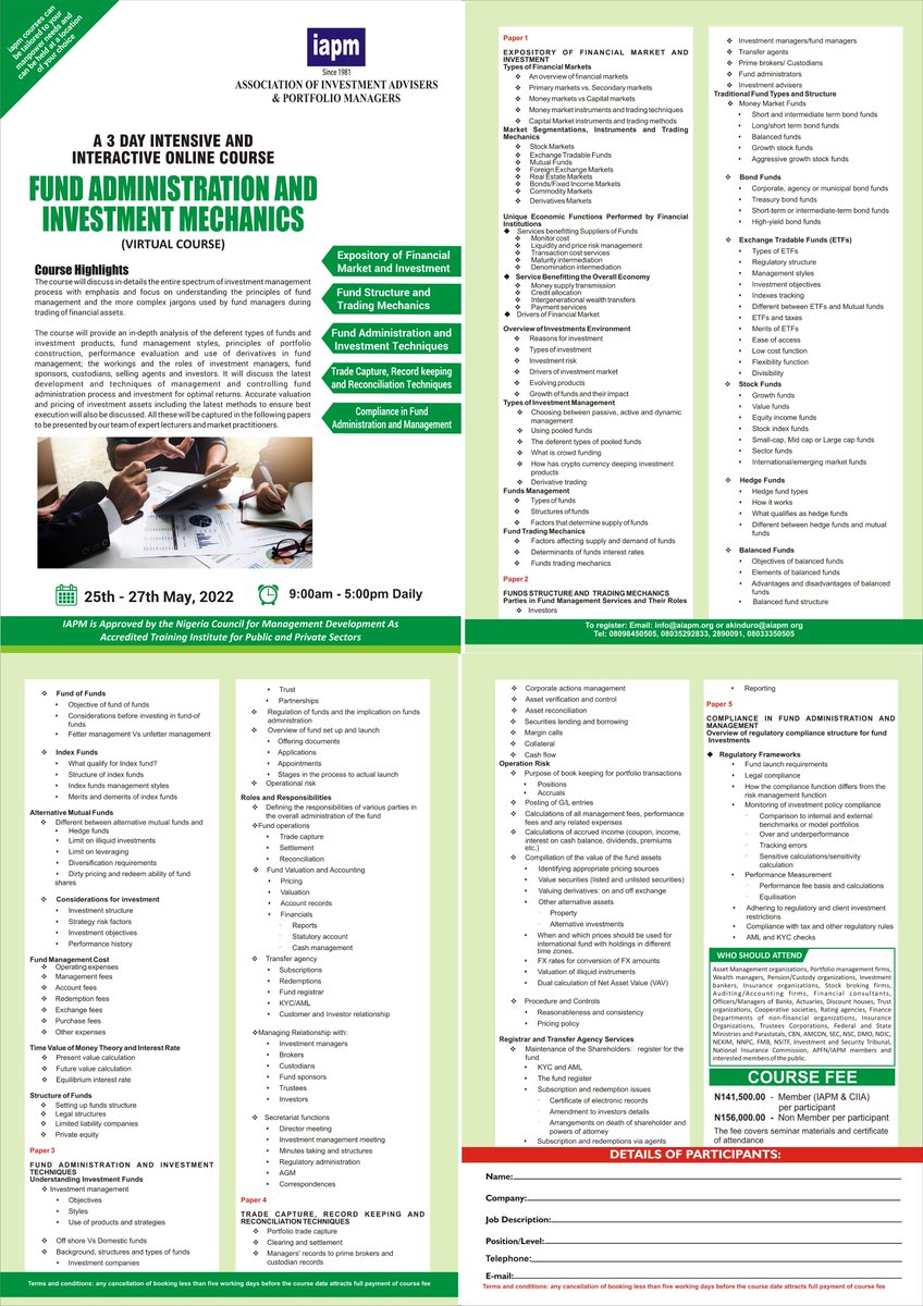 iapm_NG's tweet photo. @iapm_NG invite you to a 3 days intensive and interactive course on “Fund Administration and Investment Mechanics” which will be held online on 25th - 27th May, 2022. The ID link and pass-code will be sent to you on registration. attached is a copy of the programme flier https://t.co/CQAeFdQkTJ