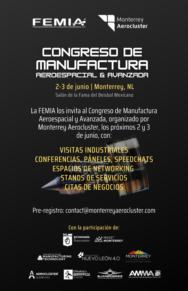 femia_news's tweet photo. ¡Los invitamos al Congreso de Manufactura Aeroespacial y Avanzada!  No se pierdan esta gran oportunidad de relacionarse con empresas y organizaciones de la industria, descubrir las tendencias de manufactura, conocer necesidades de proveeduría y oportunidades de negocios. https://t.co/oTZhhJ8nQS
