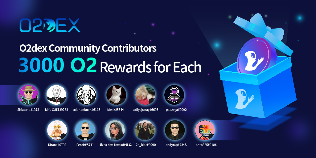 o2_dex's tweet photo. 🥳Thanks to #O2dex Community Contributors
We decided to give you 3,000 $O2 rewards for each❤️
We welcome more O2DEX enthusiasts to build #O2DEX project and communities together.
Show your power💪💪
#O2 #O2swap #O2dexgalaxy https://t.co/c00aTcr01B