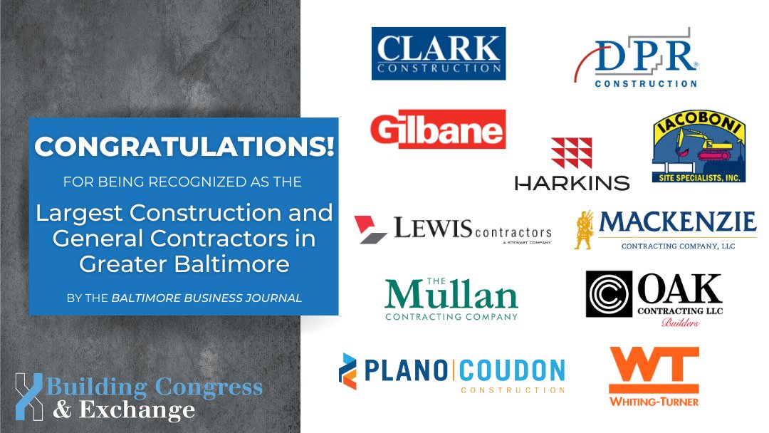 Congratulations to <a href="/ClarkBuilds/">Clark Construction Group</a>, <a href="/DPRConstruction/">DPR Construction</a>, <a href="/GilbaneBuilding/">Gilbane Building</a>, <a href="/HarkinsBuilders/">Harkins Builders</a>, @OakContracting, <a href="/planocoudon/">planocoudon</a> and <a href="/WhitingTurner/">Whiting-Turner</a> (among other BC&amp;E members) for making the BBJ's Largest Construction &amp; General Contractors in Greater Baltimore list!