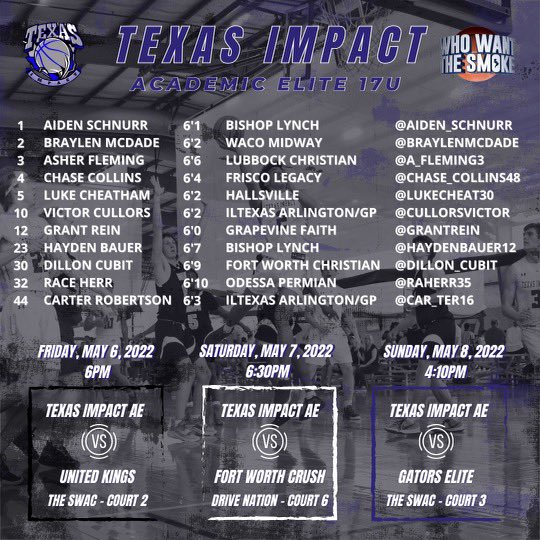 This weekend schedule for our 17u Who Want The Smoke 💨💨💨<a href="/TheTB5Reports/">TheTB5Reports</a> Every game will be Live Streamed via <a href="/BallerTV/">BallerTV</a> 

#TIFAM <a href="/Texasimpact413/">Texas Impact 4:13</a> 
<a href="/ericmcdade32/">Eric McDade</a> <a href="/raherr35/">Race Herr</a>