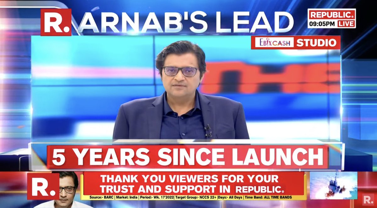 republic's tweet photo. 5 years to the day since Republic's launch, a message of gratitude from Arnab to you, dearest viewers. #RepublicIs5 https://t.co/6vE8StkKpO https://t.co/vMCTp1fbfs