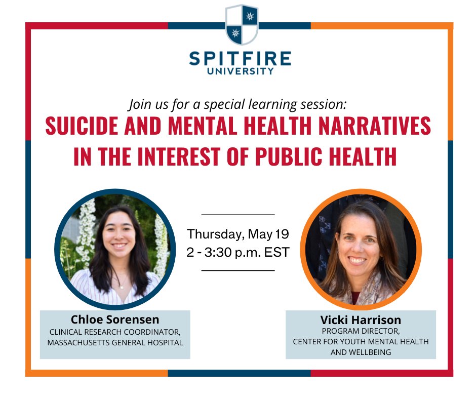 SpitfireSays's tweet photo. May is #MentalHealthAwarenessMonth. Join SpitfireU on 5/19 for a conversation on public health narratives around suicide and mental health to reduce stigma, minimize harm &amp; communicate with care. Register: https://t.co/UbwVv8J5am #ethicalstorytelling @csorensen78 @stanfordyouthmh https://t.co/PoxHoY680o