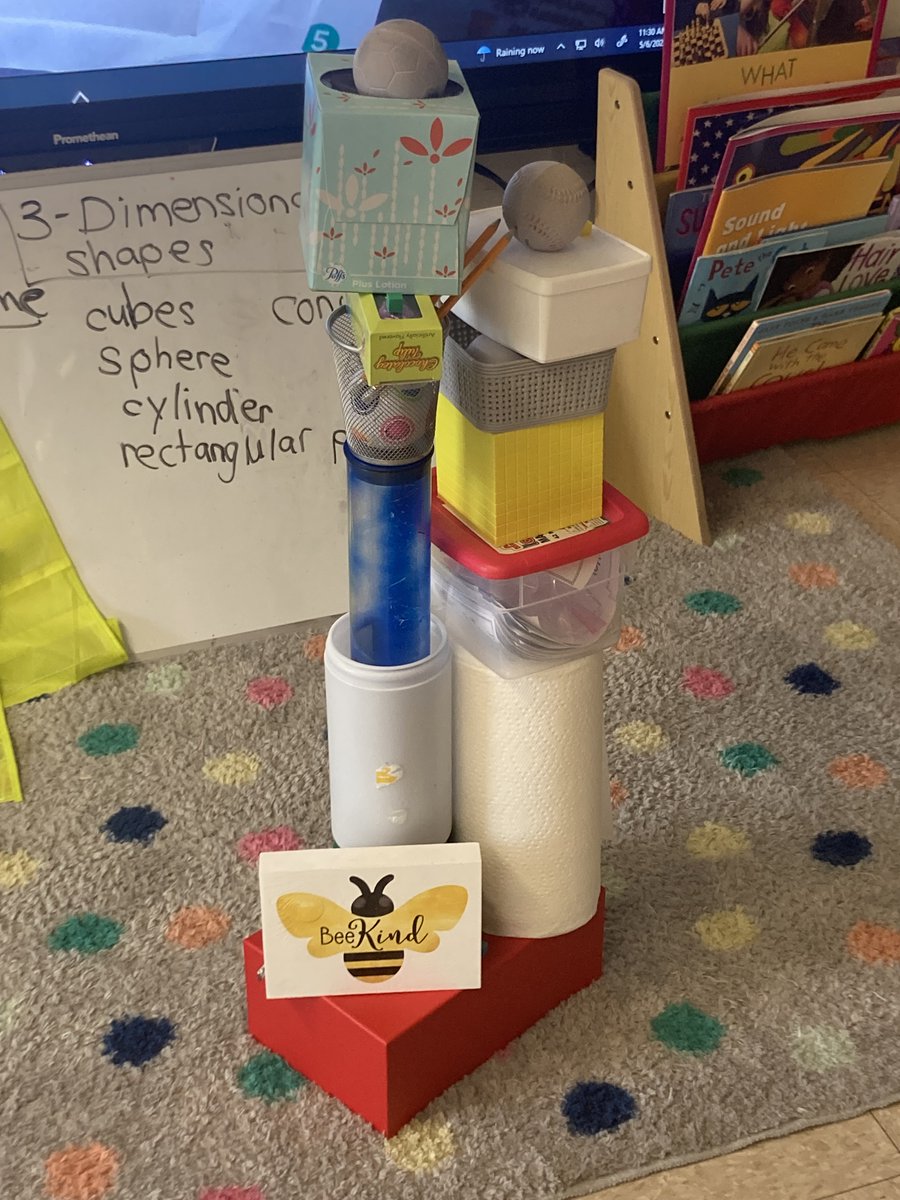 Building, Naming, and Counting 3 Dimensional Shapes
Which shapes did we use on top and Why?  Which shapes did we choose not to use and Why?