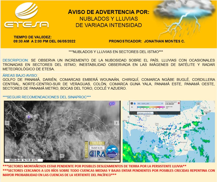 #ElTiempo | <a href="/Etesatransmite/">ETESA</a> #Hidromet emite aviso de advertencia por nublados y lluvias de variada intensidad, válido hasta las 2:00 pm.