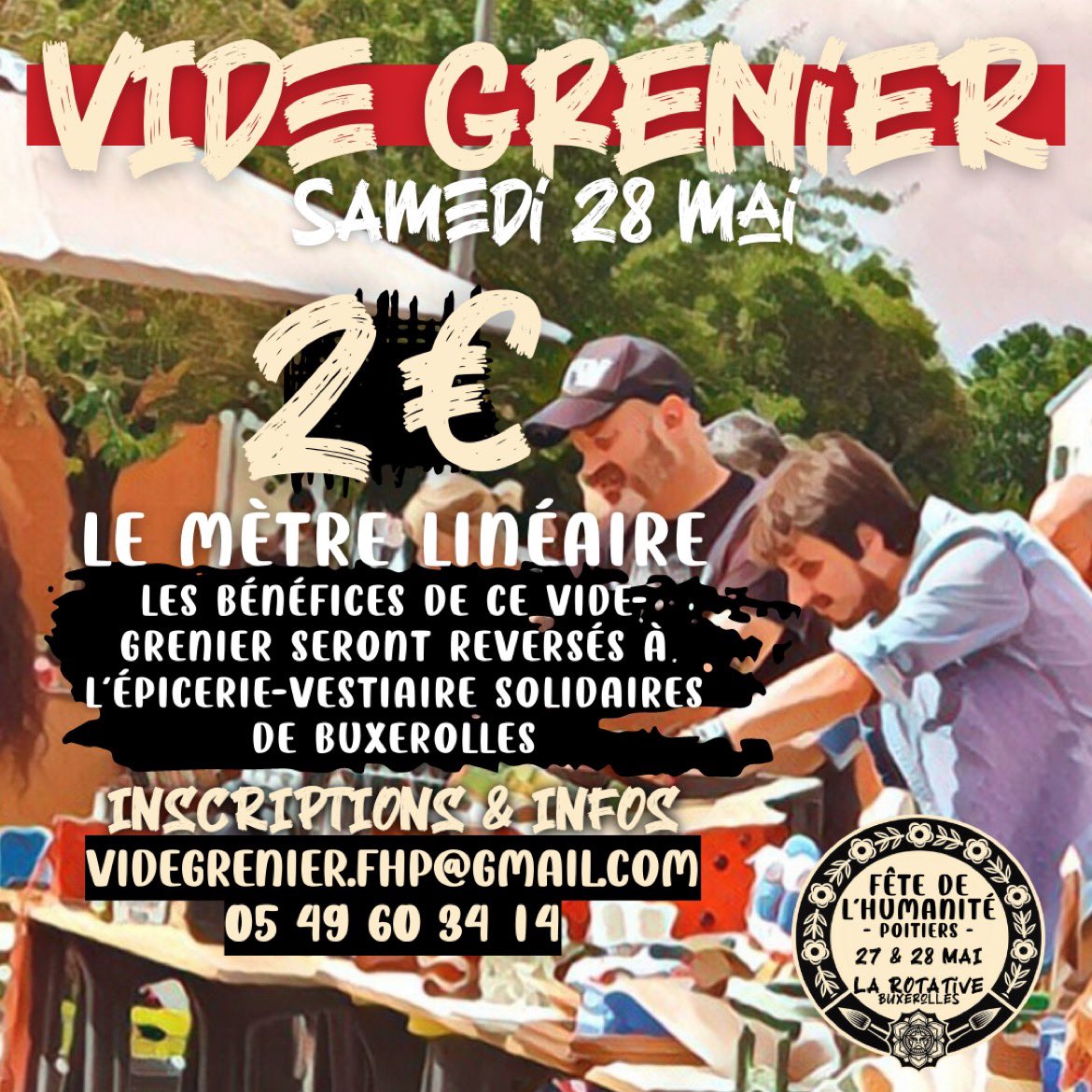 HumaPoitiers's tweet photo. {VIDE GRENIER SOLIDAIRE}

🤝 Samedi 28 mai, en ouverture de la journée, retrouvez le grand vide-grenier solidaire de la fête de l'humanité Poitiers !

🧐 Vous voulez un stand ? 2€ le mètre linéaire et les inscriptions sont ouvertes : videgrenier.fhp@gmail.com / 05 49 60 34 14. https://t.co/DDMEoXP7Jn