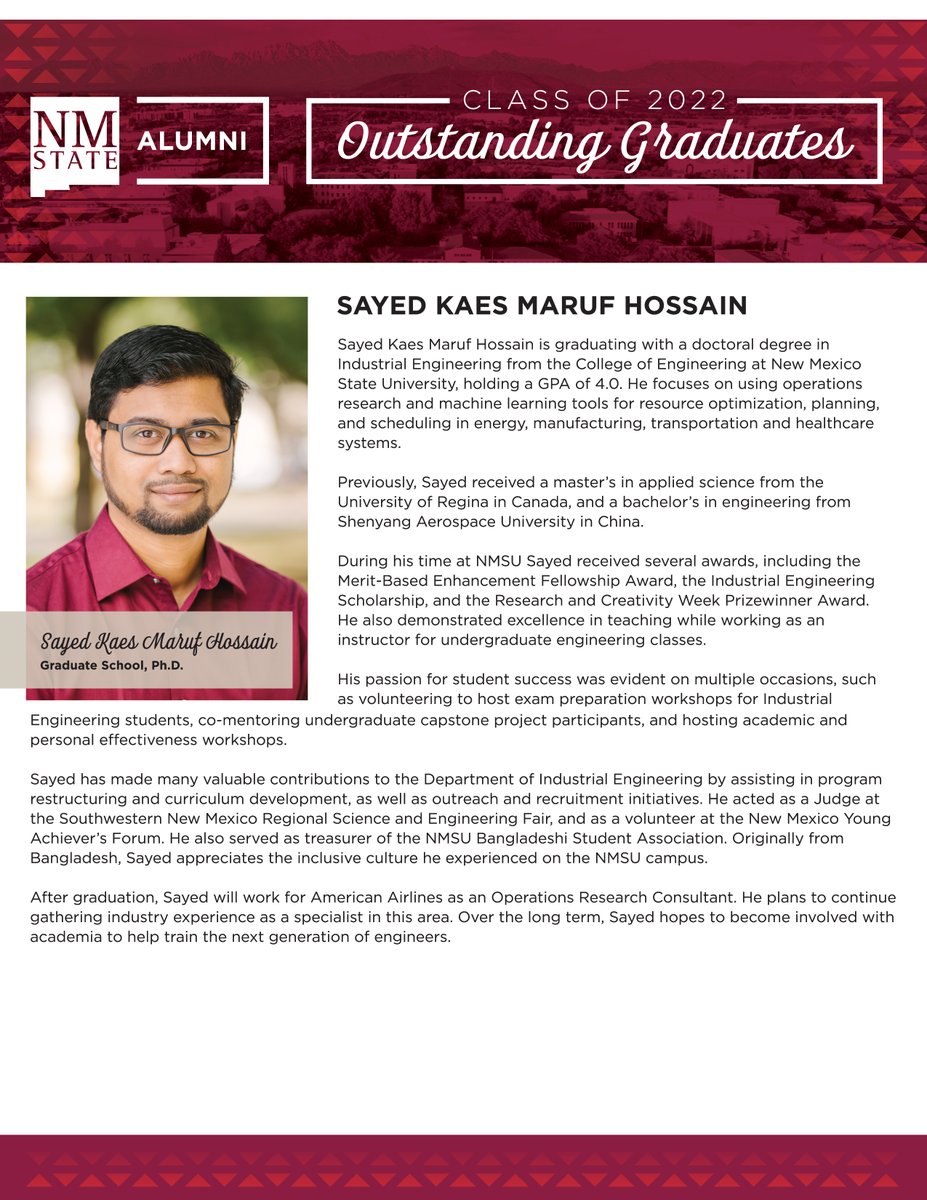 NMSUAlumFriends's tweet photo. Our final NMSU Outstanding Graduate for Spring 2022 is Sayed Kaes Maruf Hossain, a doctoral candidate from the College of Engineering. Congratulations on this amazing accomplishment, Sayed! #nmsu #nmsualumni #OutstandingGraduate https://t.co/NWY2cXqzpY