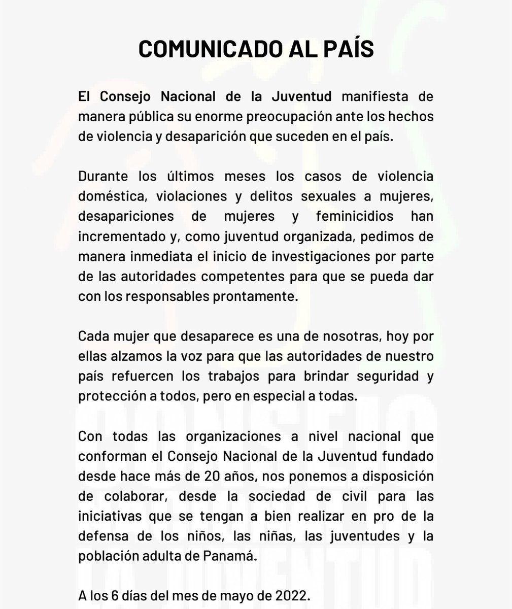 radiopanama's tweet photo. #Actualidad | El Consejo Nacional de la Juventud, manifiesta su preocupación ante los hechos de violencia y desaparición que suceden en el país y piden, 'de manera inmediata', el inicio de investigaciones, para dar con los responsables. @cnj_panama #RadioPanama https://t.co/uTNsxw82S9