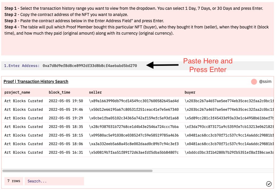 thestephensim's tweet photo. 5/ To see which Proof Members bought this NFT, copy the NFT contract address and paste it into the field above the bottom right table and press Enter. 
This will show the project name, when transaction was made, the buyer (Proof Member), seller, amount paid, and platform used. https://t.co/10os3UmsZD