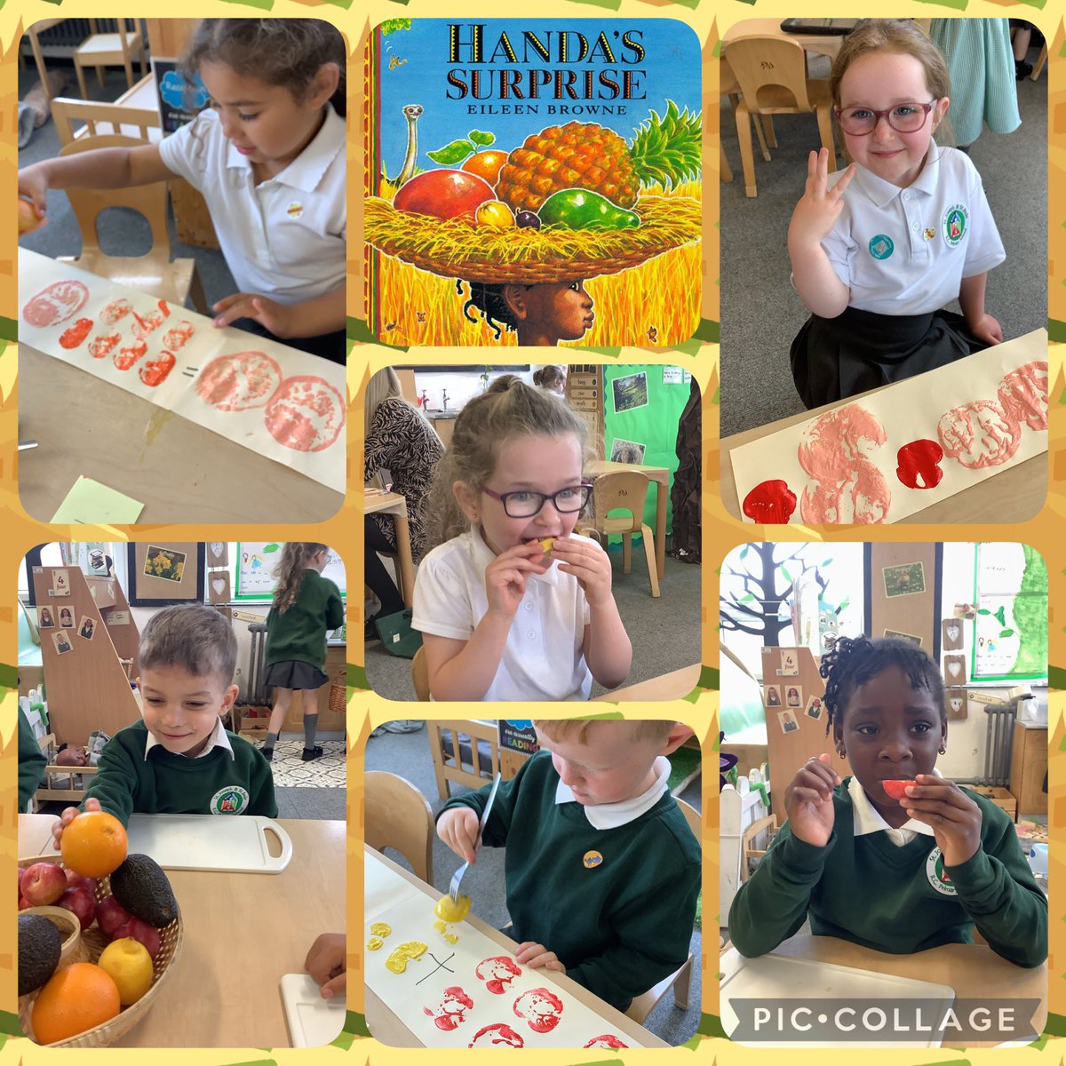 After reading this week’s brilliant book, Handa’s Surprise, Reception have enjoyed exploring fruit with all of their senses. After describing the taste of the fruit, we created prints to show how we can add pieces of fruit together. #SJSBEYFS #sjsbMaths