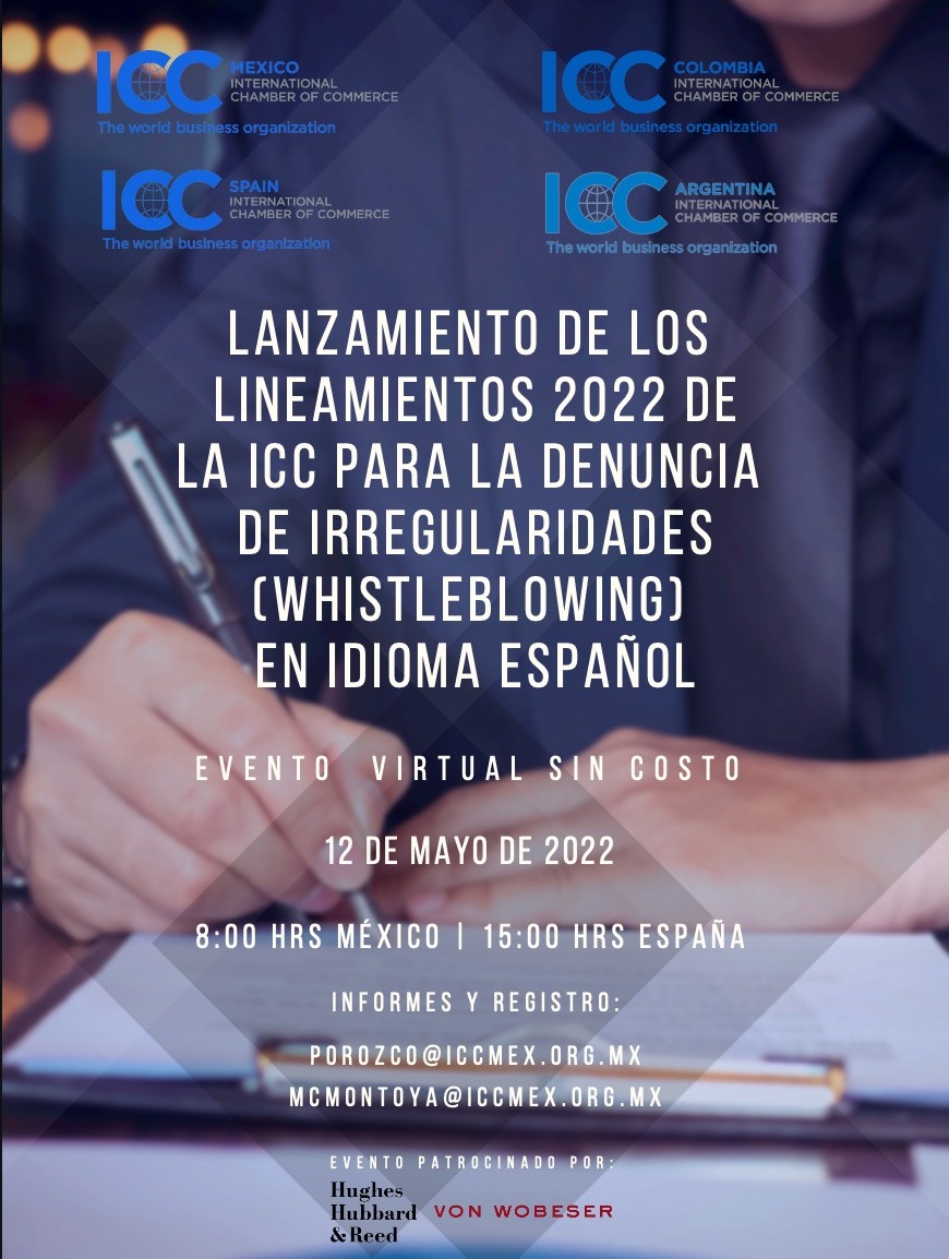 HughesHubbard's tweet photo. Next Thursday, partner Diego Durán de la Vega will discuss both the development and the purpose of the @iccwbo's new Spanish language whistleblowing guidelines at a virtual event. Register here: https://t.co/hTmLeep5JH https://t.co/gMldM7nKGX