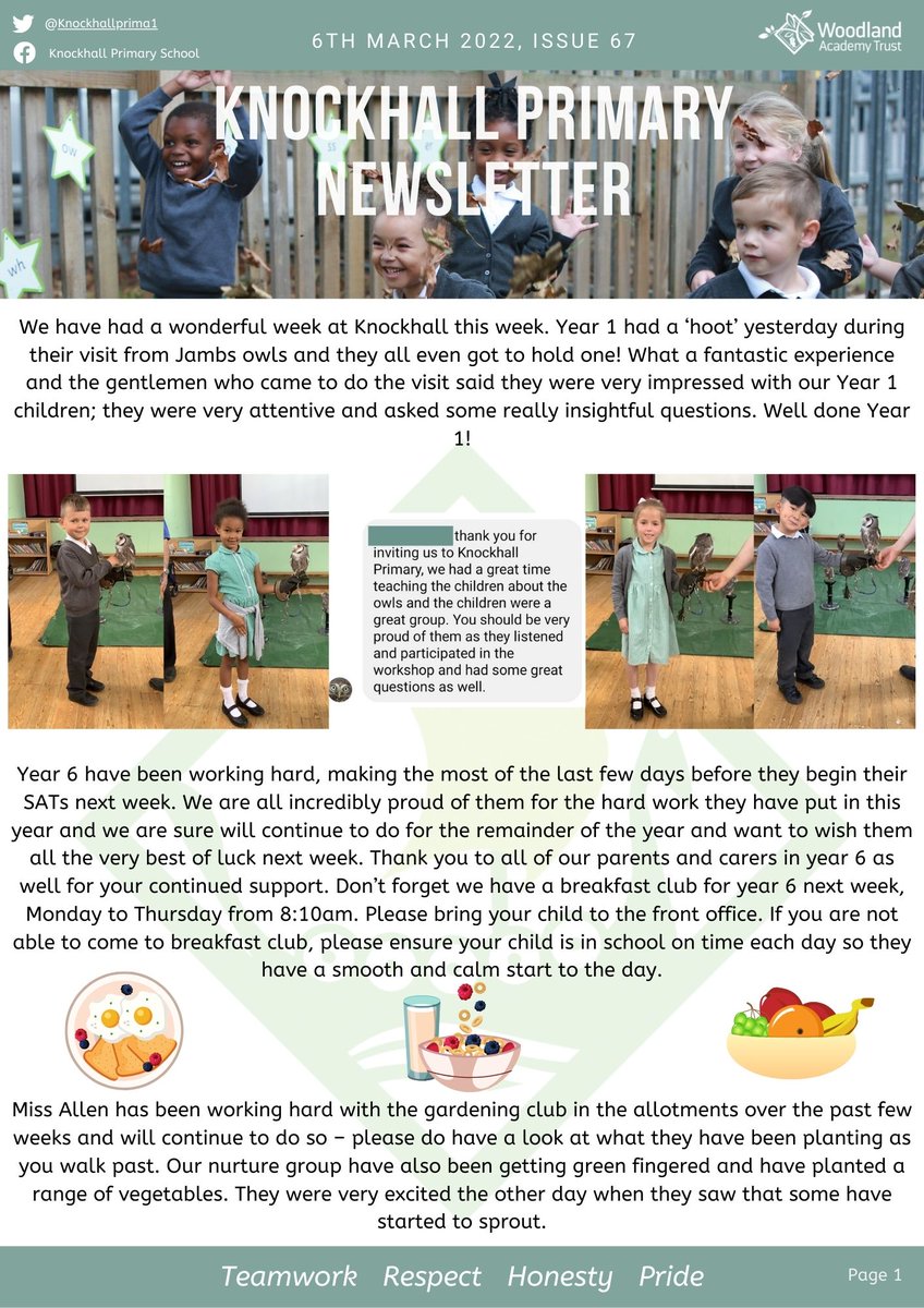 KnockhallPrima1's tweet photo. Weekly newsletter 6th March 2022. 
Wishing you all a lovely sunny weekend.☀️
Pages 1-4 https://t.co/PUFltDc8ob