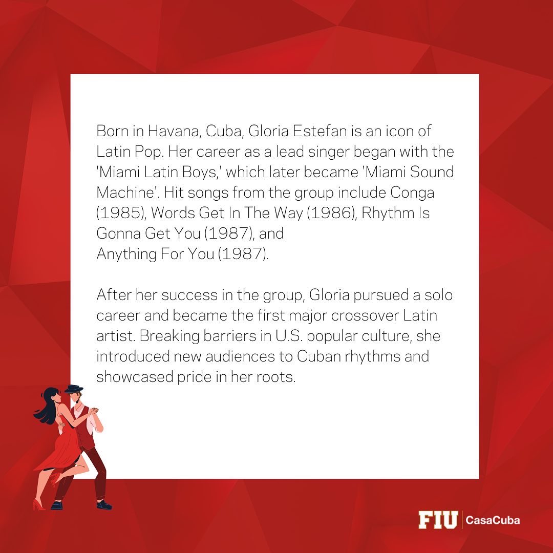CasaCuba_FIU's tweet photo. CasaCuba highlights Gloria Estefan for her musical impact.
#cubanstars #CasaCubaFIU #GloriaEstefan https://t.co/9qEucQTMKv