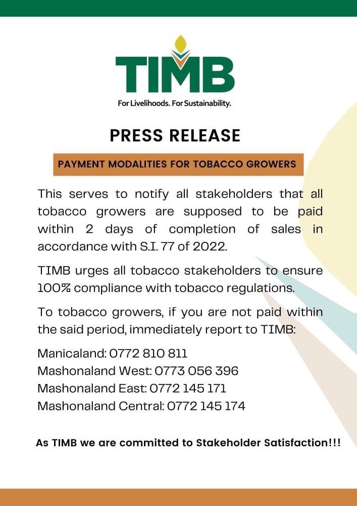 MarichoMedia's tweet photo. Pay tobacco growers within two days of sale completion - @timb_zw 

@TheFamerTalk @zptfa1 @TTofuz @Malawi_Tobacco @Meanwellgudu1 @WBG_Agriculture @AgricNexus @BSSN2017 https://t.co/xCJKjI9kat