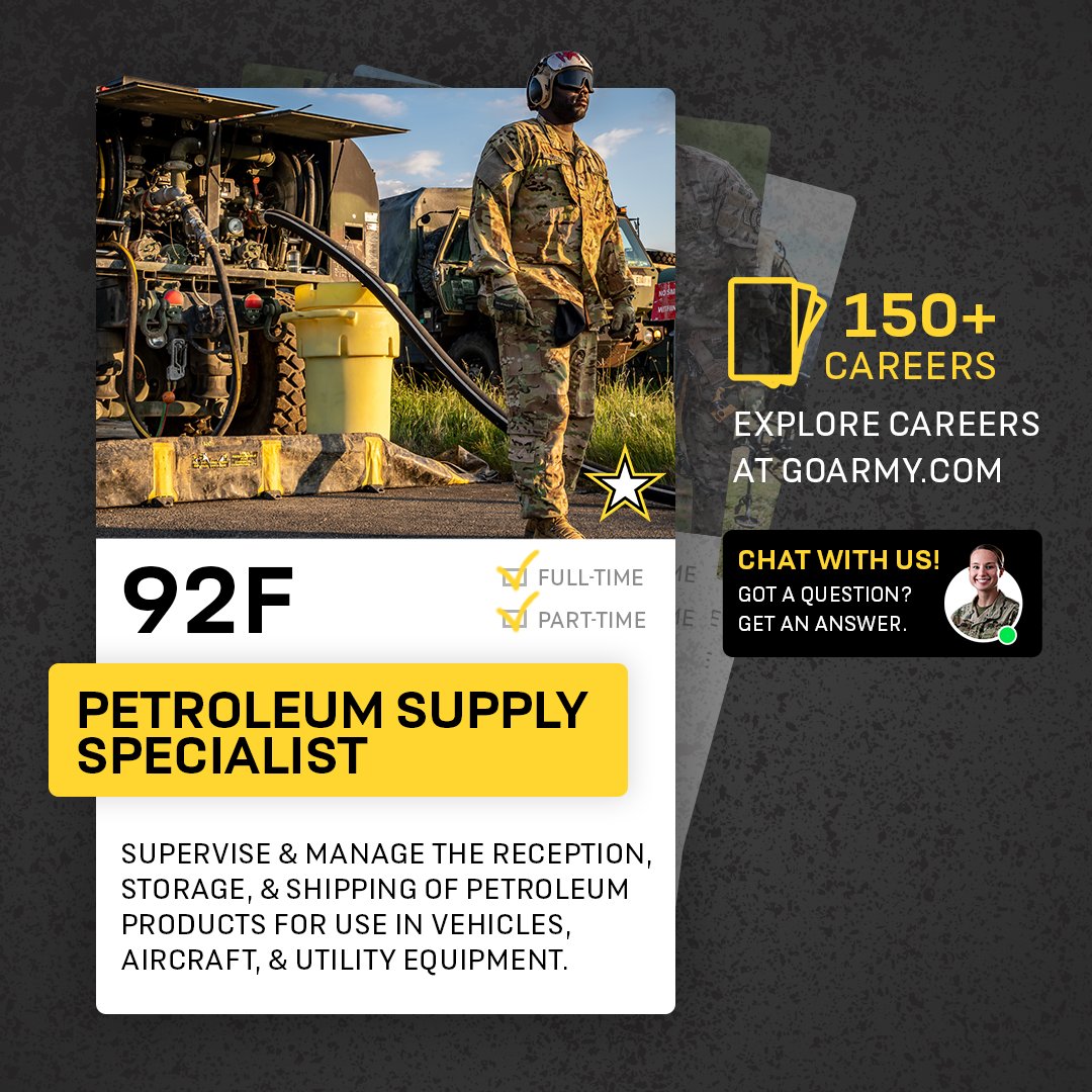 Keep the Army rolling, flying and powered in #Armyjob 92F
🟢 10 Weeks of Basic Training
🟢 11 Weeks of Advanced Individual training
🟢 30 Nationally Recognized Certifications Available
🟢 Full time active duty or part time in the #ArmyReserve 

Get info 👉 go.usa.gov/xuvnk