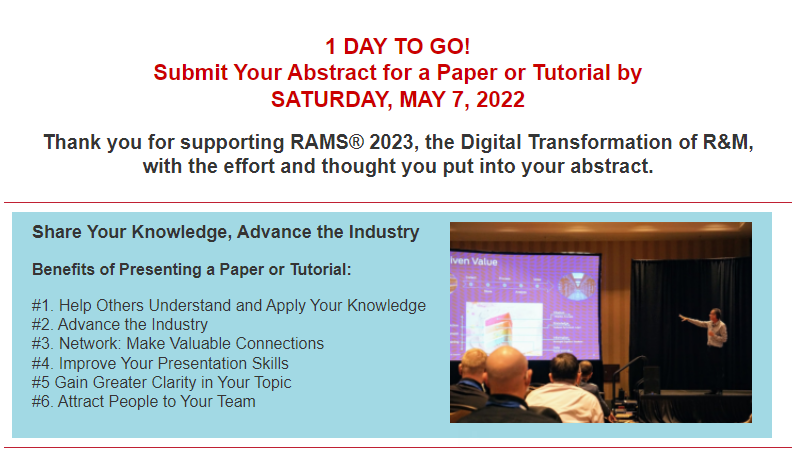RAMS_Symposium's tweet photo. Last call for papers and abstracts for RAMS 2023!

https://t.co/H2XQr0k0PV https://t.co/mQe6VCDG0Q