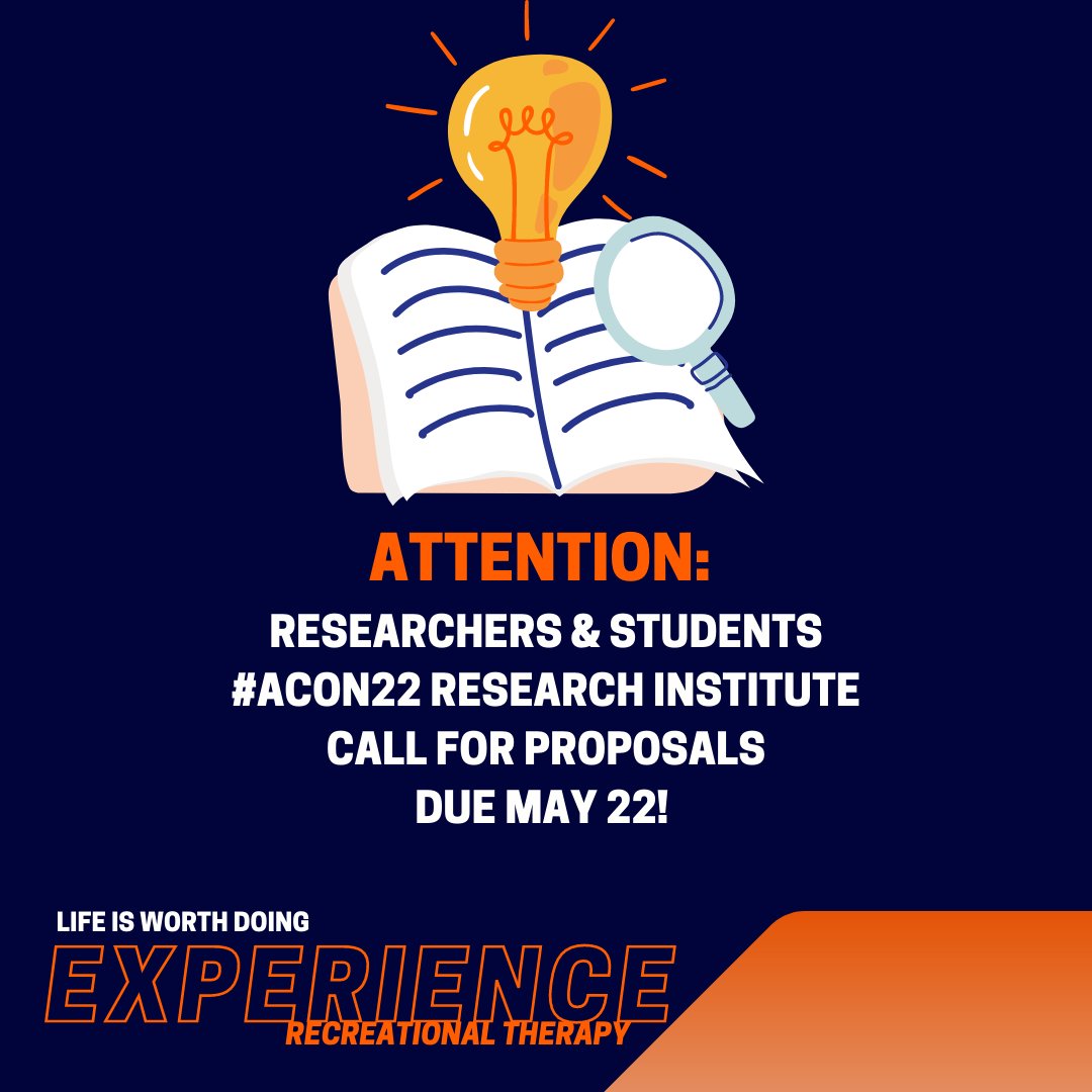 ATRAinAction's tweet photo. The #ACON22 Research Institute is open to researchers, students, educators, and practitioners. We know you are all doing amazing work-so it's time to share!
Check out the link here for more info:
https://t.co/7jf8LpV1Vz
#research #recreationaltherapy #recreationtherapy #ctrs https://t.co/EFX24dfaVh