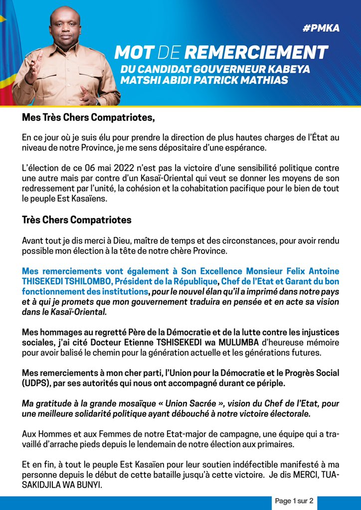 MathiasKabeya's tweet photo. #MotDeRemerciement #TexteIntegral
Merci à tous ! #PMKA #RDC 🇨🇩 https://t.co/5EmJD7HEtQ