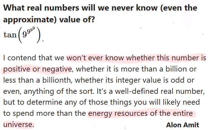 pickover's tweet photo. Mathematics.

What real numbers will humans never know (even the approximate) value of?  

Mathematician Alon Amit answers below.  https://t.co/Ul6KaVkcye https://t.co/T5QFibiVEH