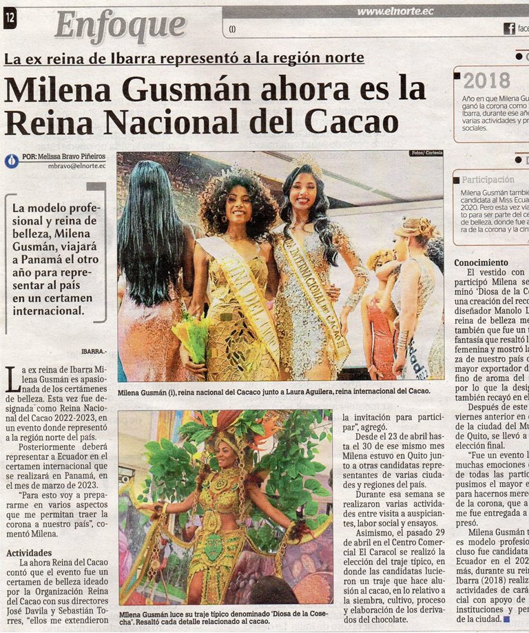 CCPIbarra's tweet photo. Con grata satisfacción, la @CCPIbarra  públicamente extiende una sincera felicitación a @milegusman por su destacada participación en la elección y coronación REINA DEL CACAO ECUADOR 2022 en representación de la Región Norte, habiendo resultado ganadora del certamen. https://t.co/9vhlxlDgmG