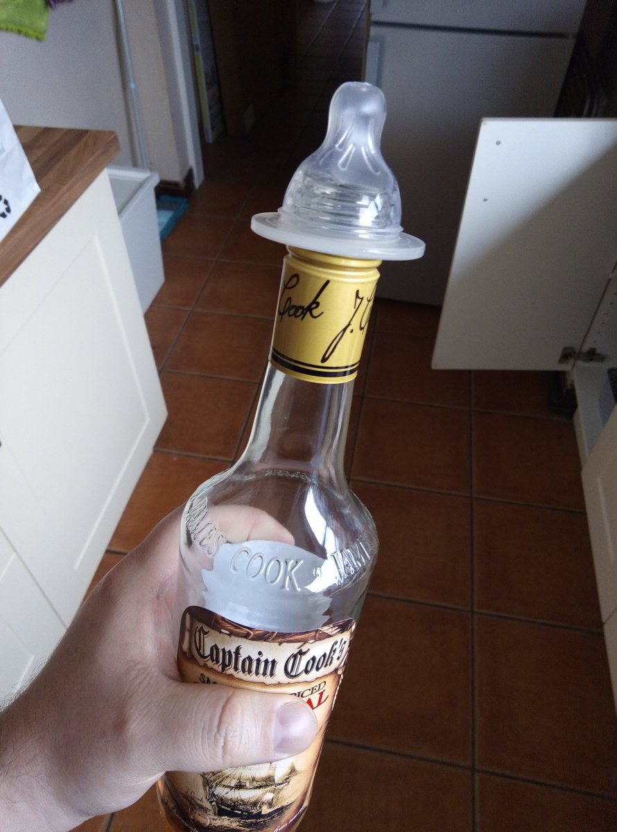 Nadanesca's tweet photo. As a new parent, it's amazing what new innovations you create to make looking after your little one a little easier. Today I discovered that rum hits different when you drink it like a baby! It really brings your inner child out! #parentingtips #LifeHack #FunctioningAlcoholic https://t.co/fnYMcgIaZr