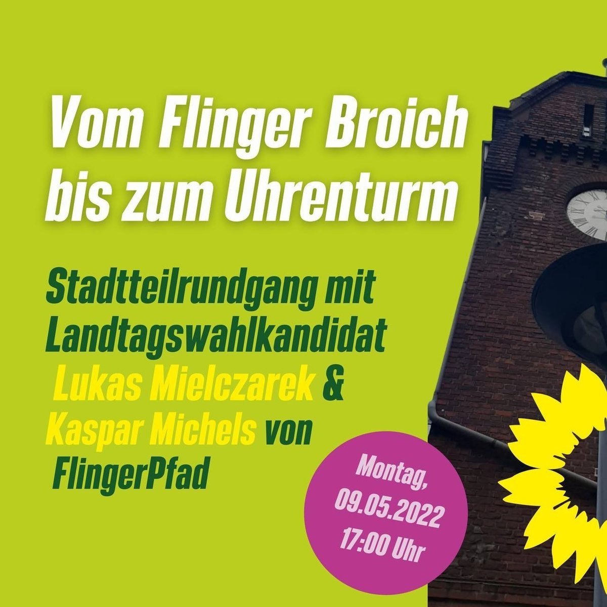 Am Montag möchten wir #Flingern gemeinsam mit euch erkunden. Mit dabei auf unserem Stadtteil-Spaziergang ist u.a. Kaspar Michels von der Initiative FlingerPfad sowie unser #LTWNRW22-Kandidat <a href="/lu_mielczarek/">Lukas Mielczarek</a>. Los geht's um 17 Uhr vor der AWO, Flinger Broich 12. <a href="/grueneddorf/">GRÜNE Düsseldorf</a>