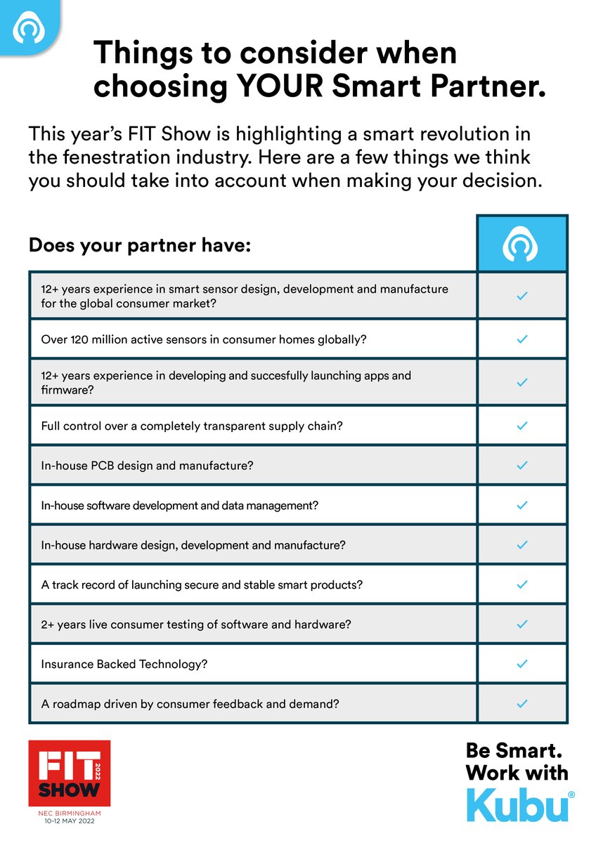 Kubu Smart Security (@getkubu) on Twitter photo This year’s <a href="/fitshow/">FIT Show 2025</a> looks to be all about the smart revolution that's happening in the fenestration industry.
Here are a few things we think you should bear in mind when choosing the smart partner for YOUR business.
Be Smart. Work with Kubu. This year’s <a href="/fitshow/">FIT Show 2025</a> looks to be all about the smart revolution that's happening in the fenestration industry.
Here are a few things we think you should bear in mind when choosing the smart partner for YOUR business.
Be Smart. Work with Kubu.
