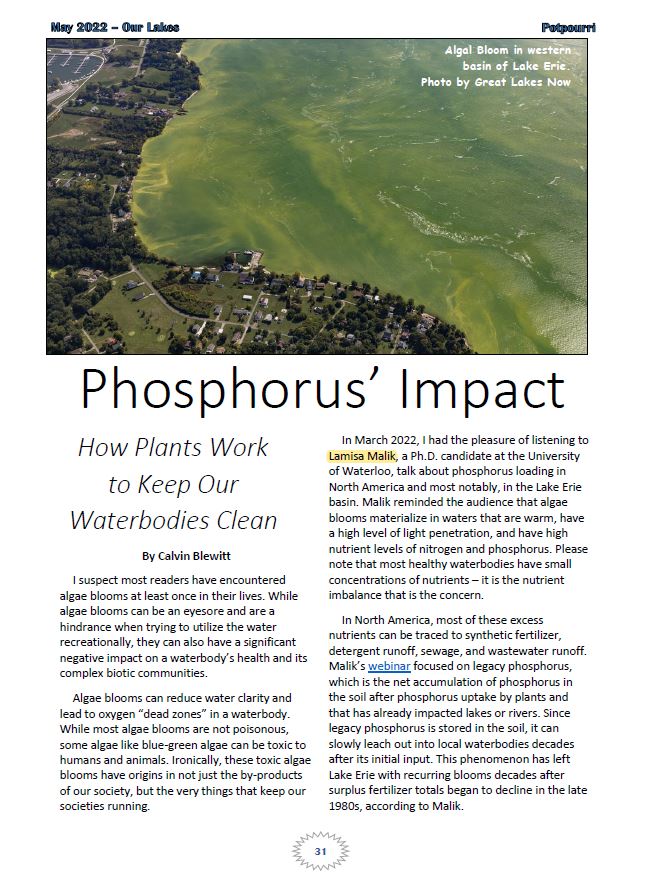 LamisaMalik's tweet image. My research on legacy phosphorus has been featured in &apos;Our Lakes&apos; e-magazine! :)
Thank you @WatershedsCAN for featuring me. 
Full issue here--&amp;gt; rb.gy/mnfxvg

#basulab #uwaterloo