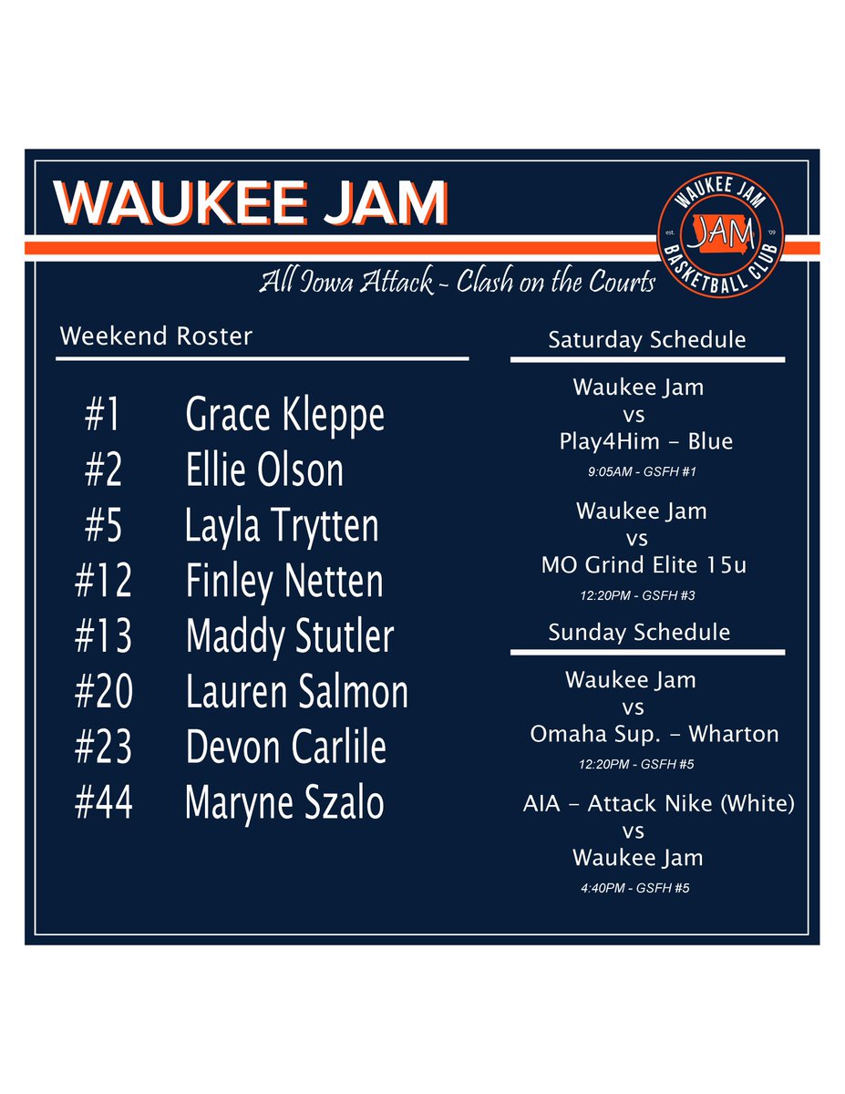 gbb_jam's tweet photo. NEW game times and NEW numbers for a few as the NEW jerseys arrived yesterday.... Come see these ladies play this weekend! @CoachRiddle32 @JrAllStarIowa @PGHIowa https://t.co/LCzmJG75F1