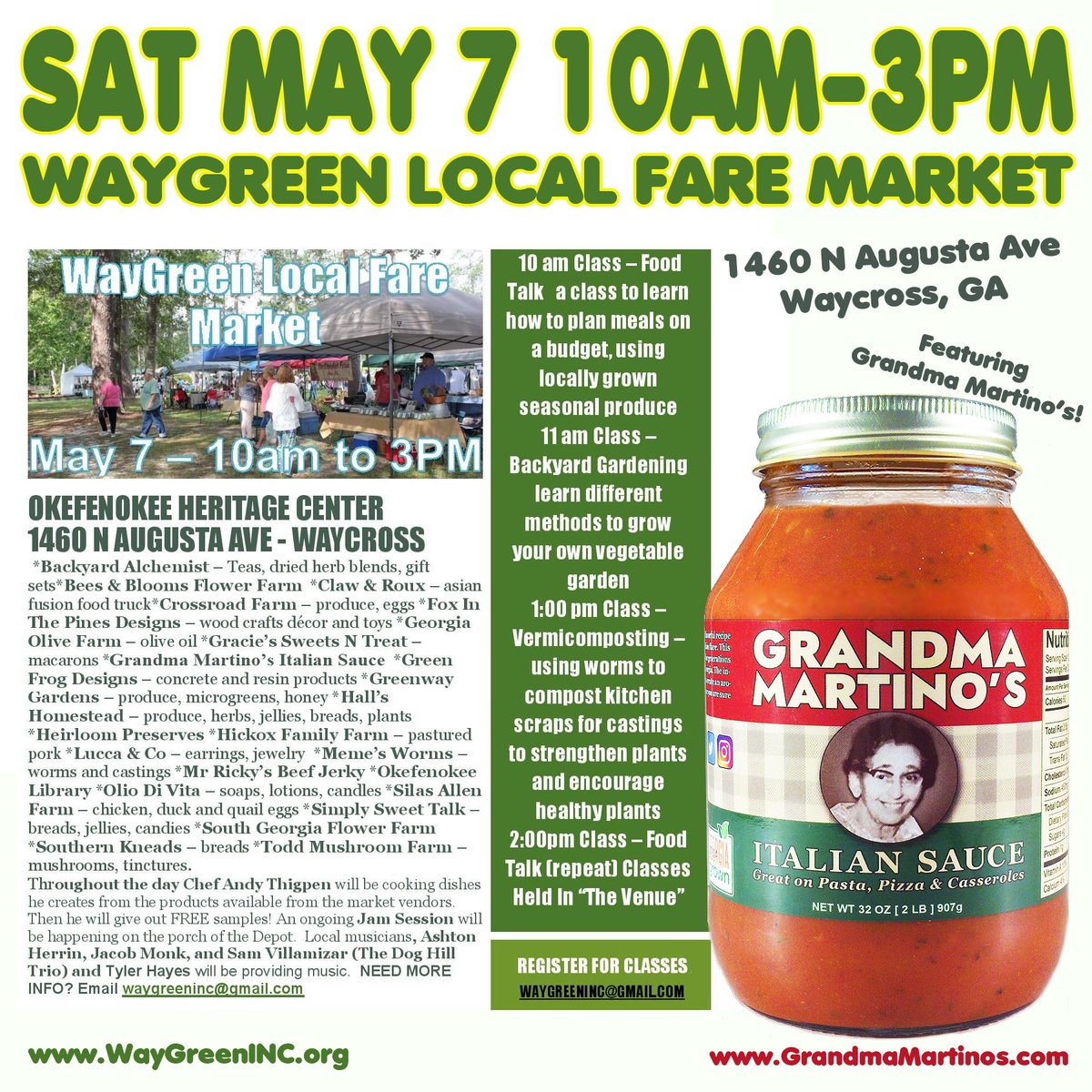 GrandmaMartinos's tweet photo. SAT MAY 7 (10AM-3PM) WayGreen's Local Fare Market 1460 N Augusta Ave, Waycross, GA #WayGreen #FarmersMarket #GrandmaMartinos #GeorgiaGrown https://t.co/9uRbEwwY0M