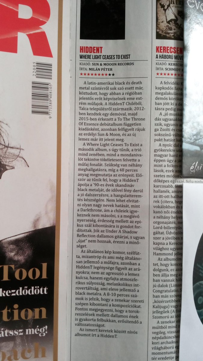 sunmoonrecords's tweet photo. HiddenT - "Where Light Ceases to Exist" CD review in the Hungarian Hammerworld actual issue, score: 8/10
#onlyprintedisreal #hiddent #sunandmoonrecords https://t.co/vRaXSeZmcd